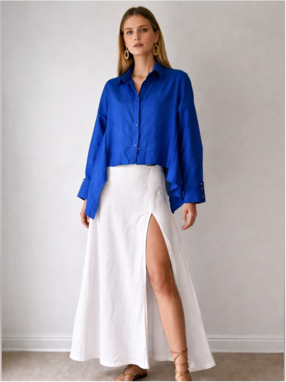 Golnar Aksheh Blue Linen Oversized Shirt Architectural Button Detail Large